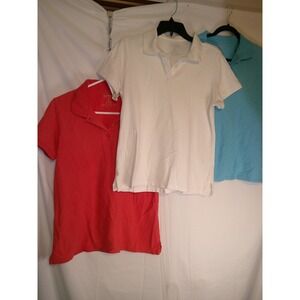 L.L.Bean Womens Polo Shirts Lot of 3 Short Sleeve Cotton Casual Coral White Blue
